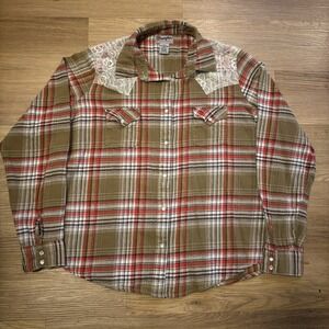 Wrangler Wrancher Flannel Lace Shoulder Pearl Snap Shirt Women XXL Western Grung